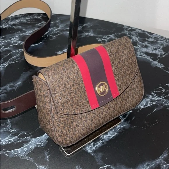 Michael Kors Brown Signature Leather Stripe Waist Fanny Belt Bag S/M - Picture 2 of 13